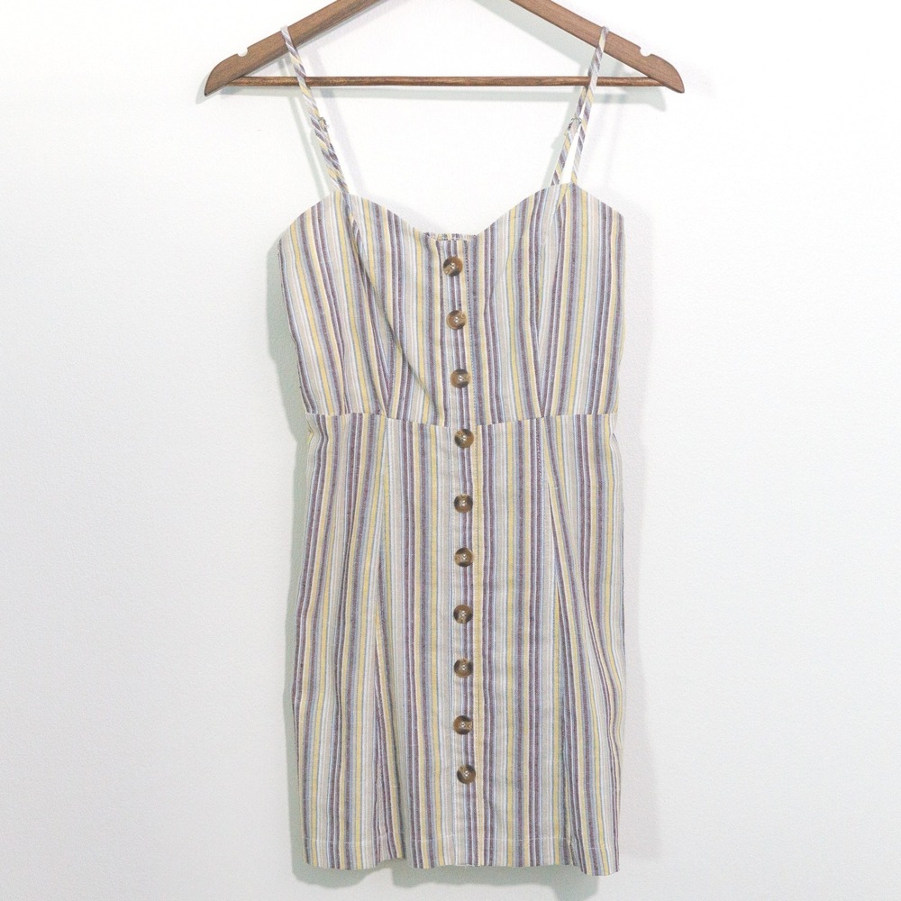 Mind Code Women Striped Linen Blend Button Front Mini Dress Sweetheart Neck S